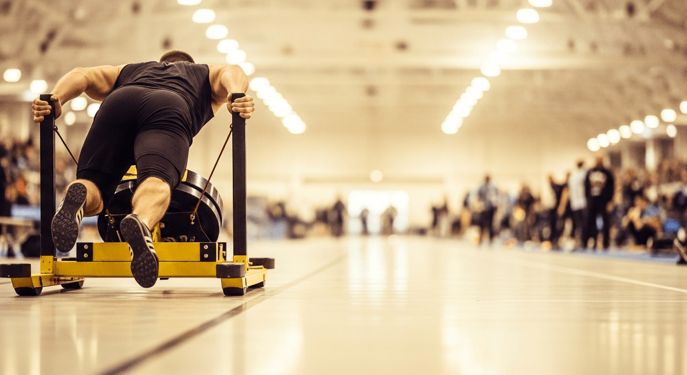 Male athlete driving a heavy competition sled across a gym floor, shot from ground level during competition.