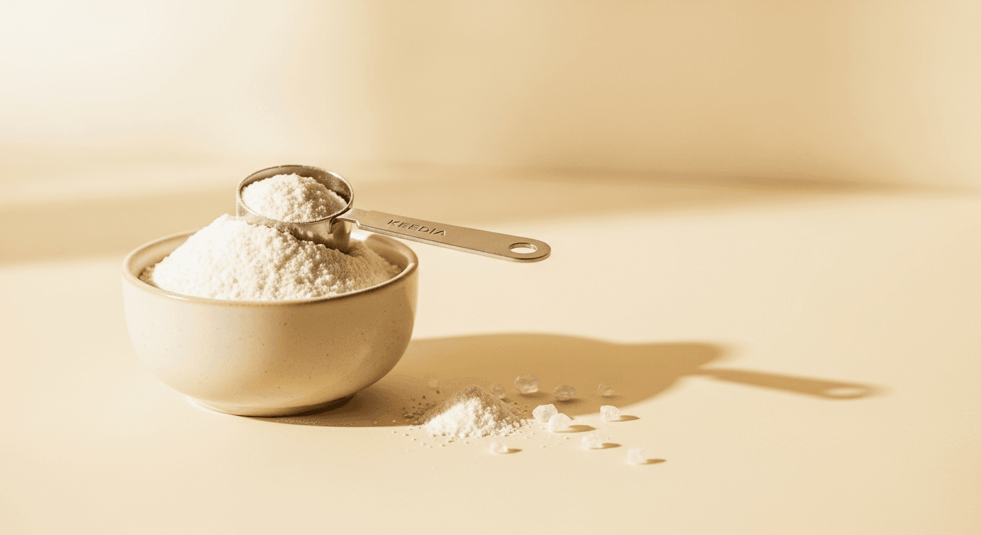 Ceramic bowl of white creatine powder with metal measuring scoop under soft golden natural light.