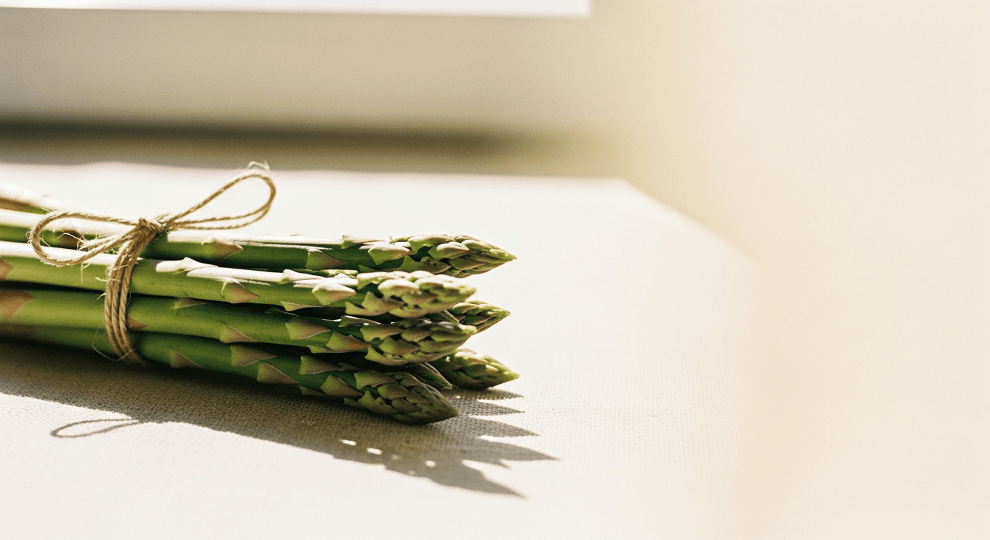 A bundle of raw asparagus spears tied with twine on a warm cream background.