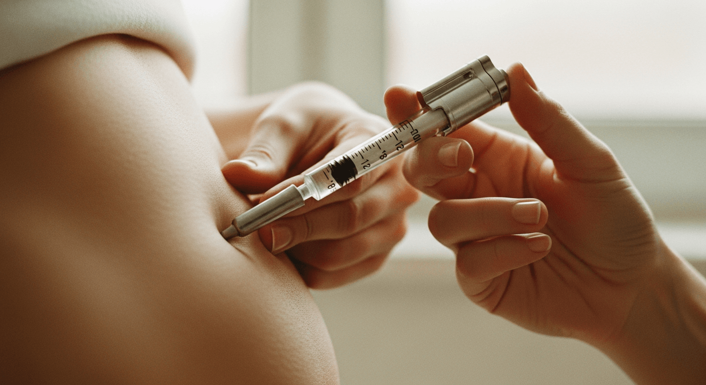 Close-up of a person self-injecting a GLP-1 auto-injector pen into their abdomen in warm natural light.