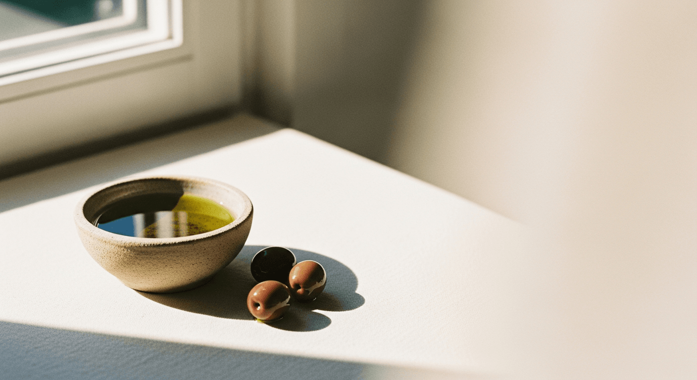 Ceramic bowl of deep green olive oil with kalamata olives on a warm cream linen background.