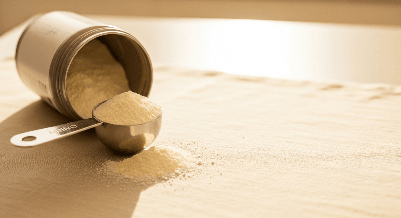 Stainless steel measuring scoop in a container of white whey protein powder with crystals spilling onto a cream surface.