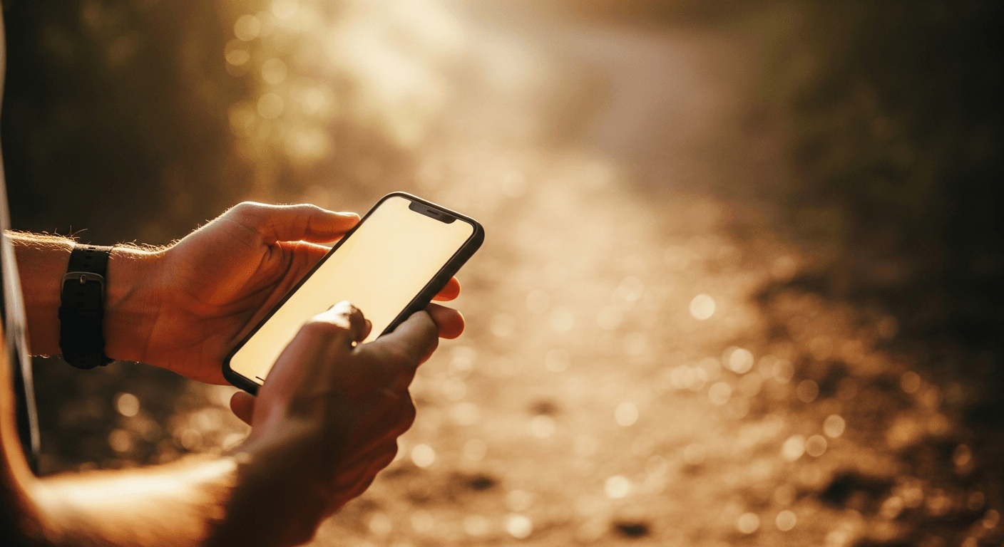 A runner holds a smartphone mid-stride on a sunlit forest trail during golden hour.