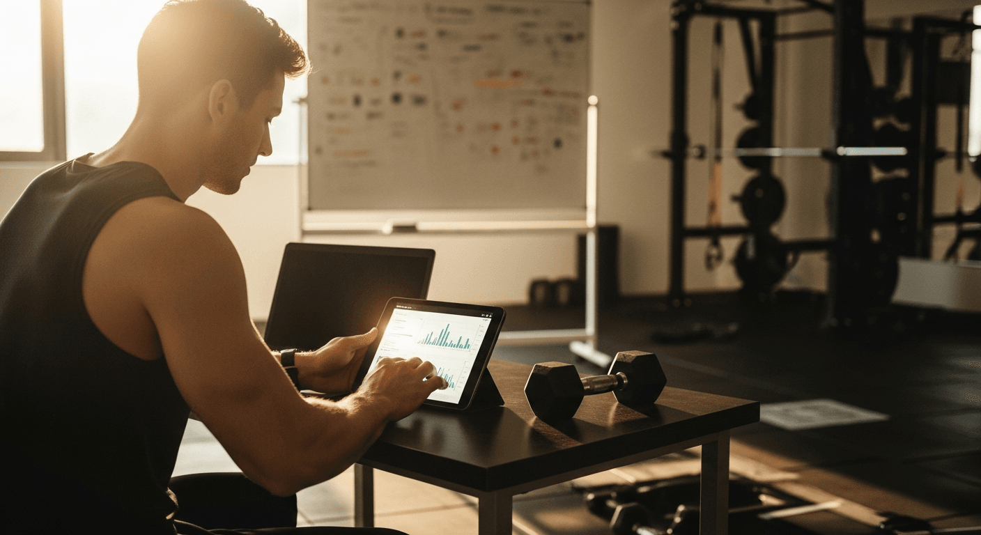 Fitness coach reviews data charts on tablet at gym desk in warm golden light.