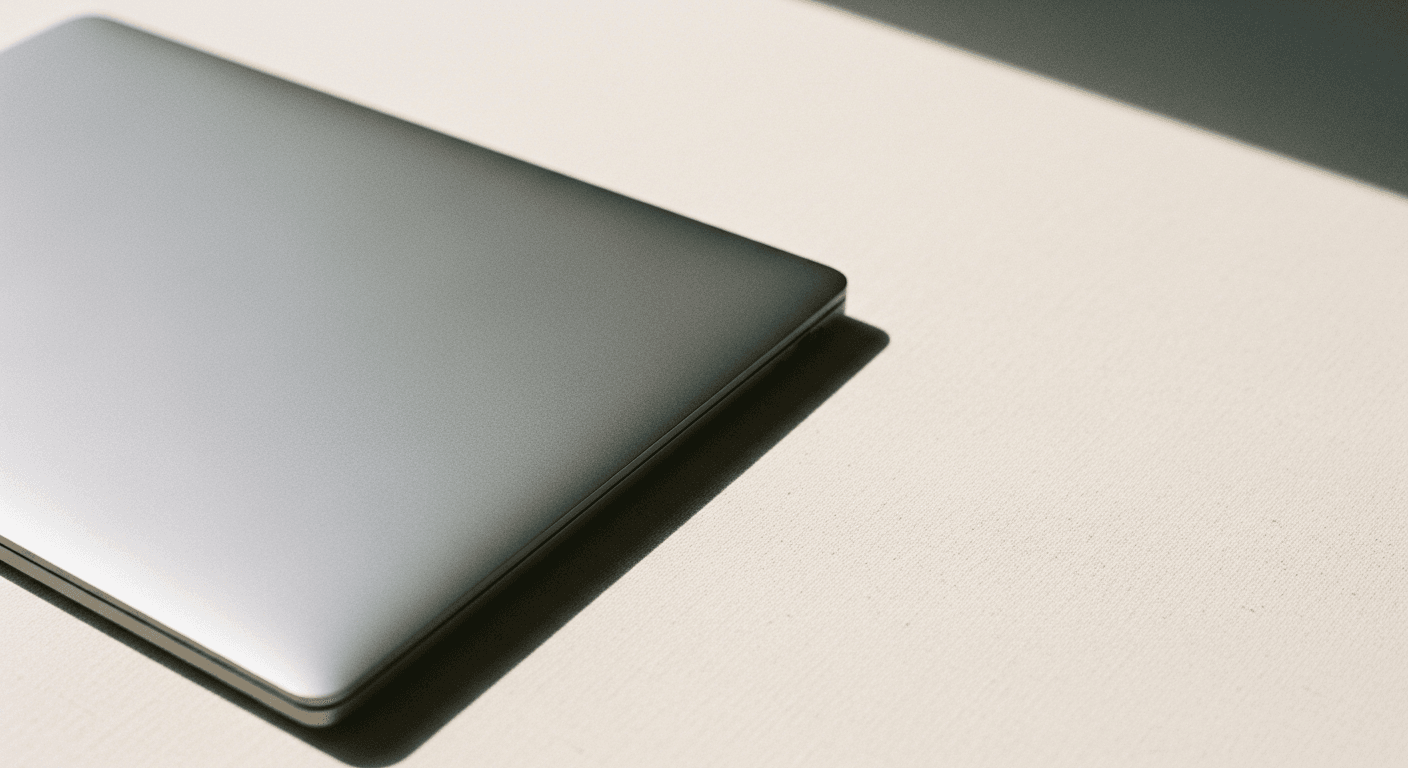 Closed brushed-aluminum laptop on a warm cream background with soft natural light.