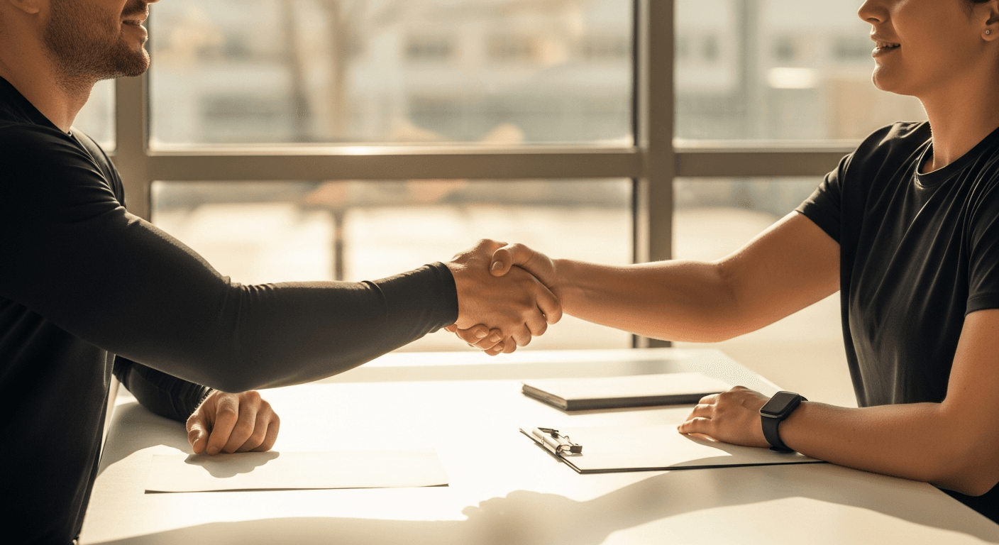 Two professionals shake hands across a desk in a modern gym office with warm natural light.