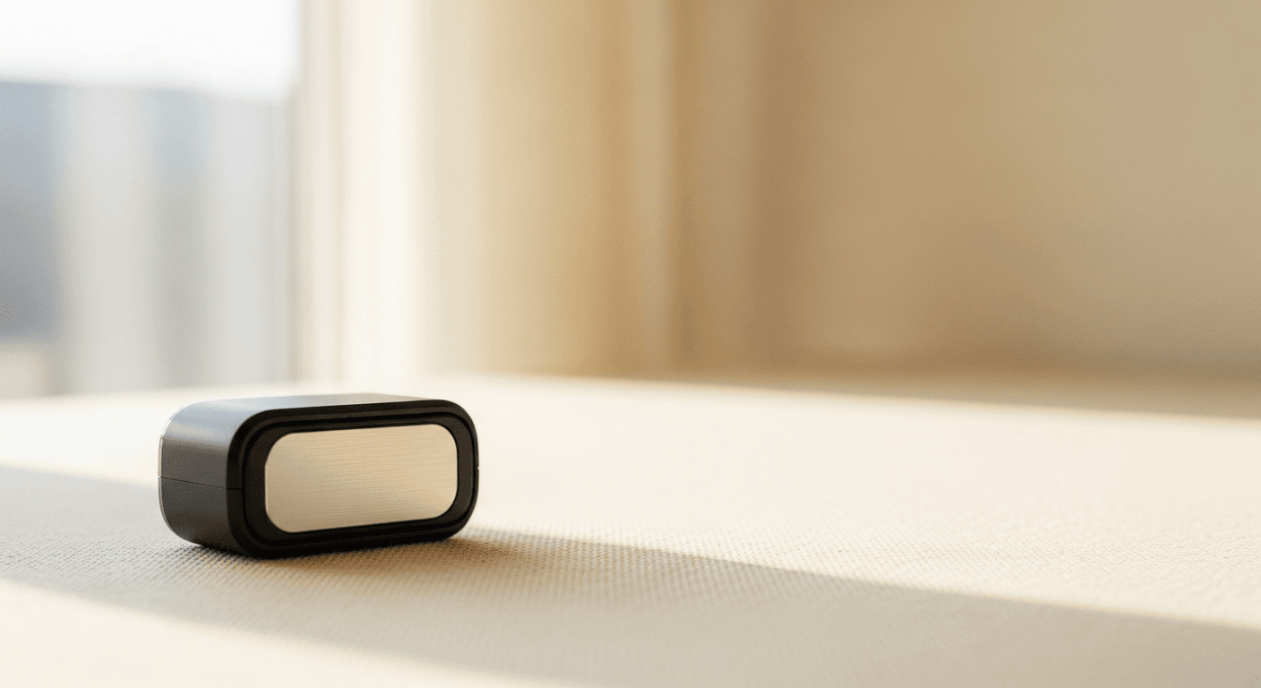 Black matte electronic sensor module on cream surface with soft natural lighting.