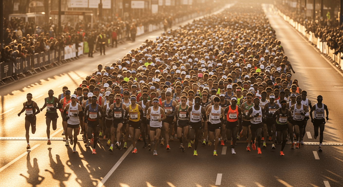 Dense pack of marathon runners in full stride on an urban boulevard bathed in warm golden morning light.
