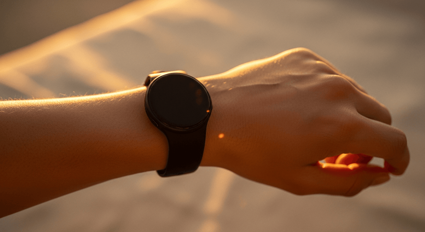 A sleek black wearable band on a relaxed wrist, softly lit by warm golden-hour light.