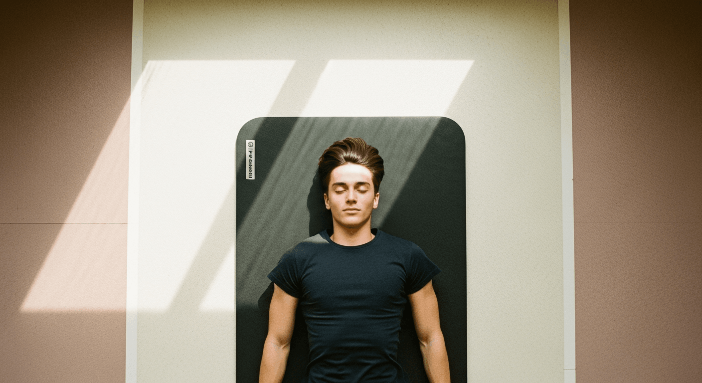 Athlete lying on their back on a recovery mat in a minimalist gym, resting with eyes closed.
