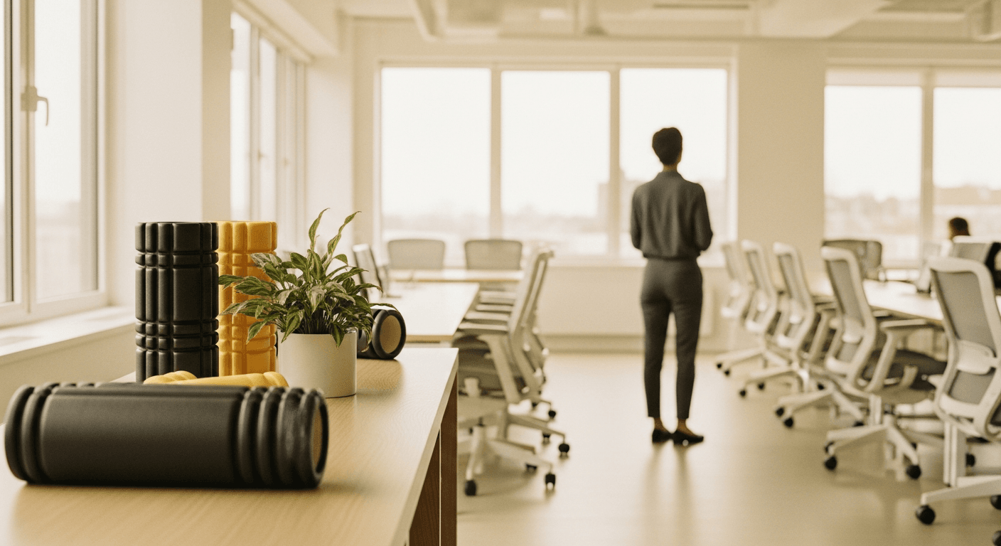 Professional facing unused wellness equipment in an empty office, illustrating the gap between employer programs and employee engagement.