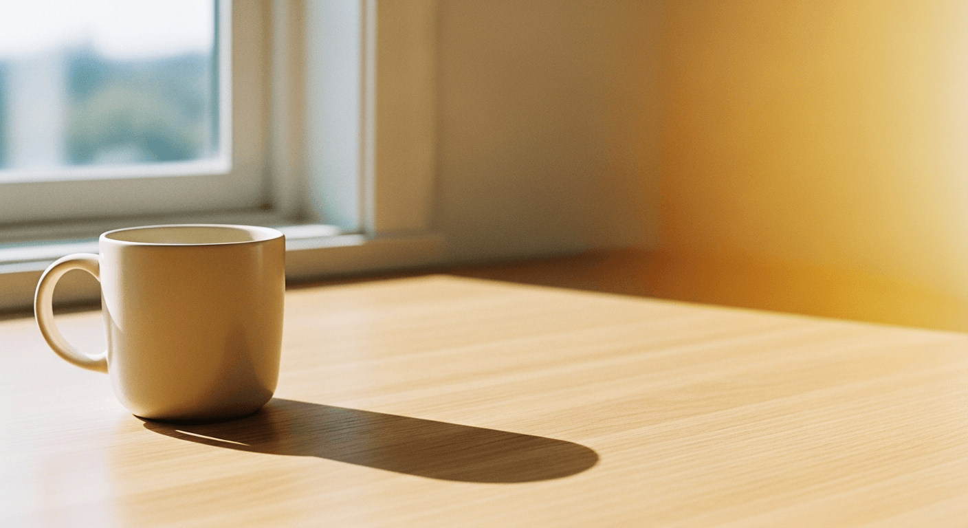 Ivory ceramic coffee mug on a light oak desk with soft natural daylight.