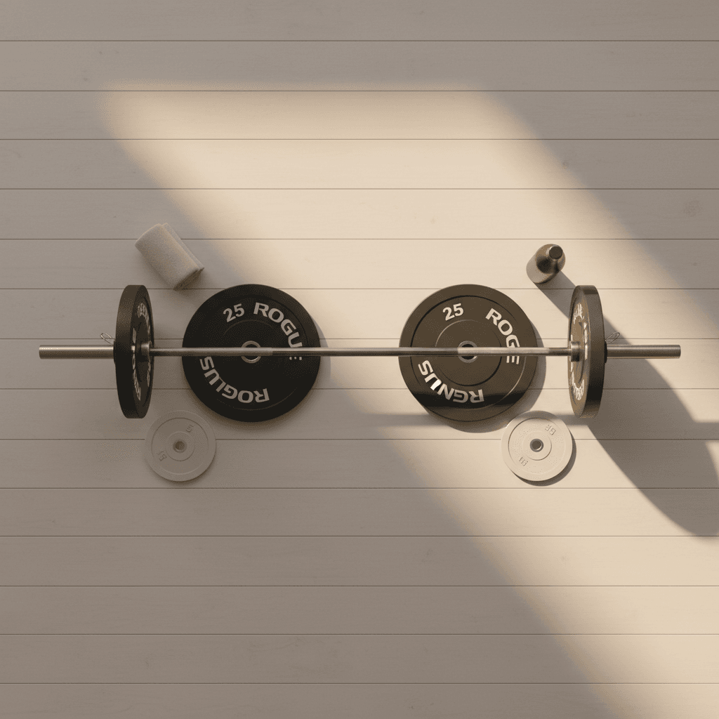 Barbell with weight plates on gym floor