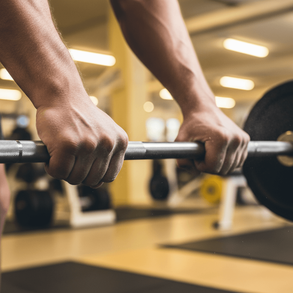 Chalk-covered hands gripping a barbell in a gym