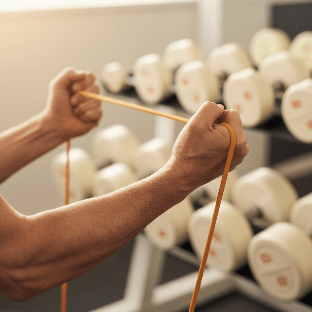 Older adult's hands gripping dumbbells in a warm-lit gym