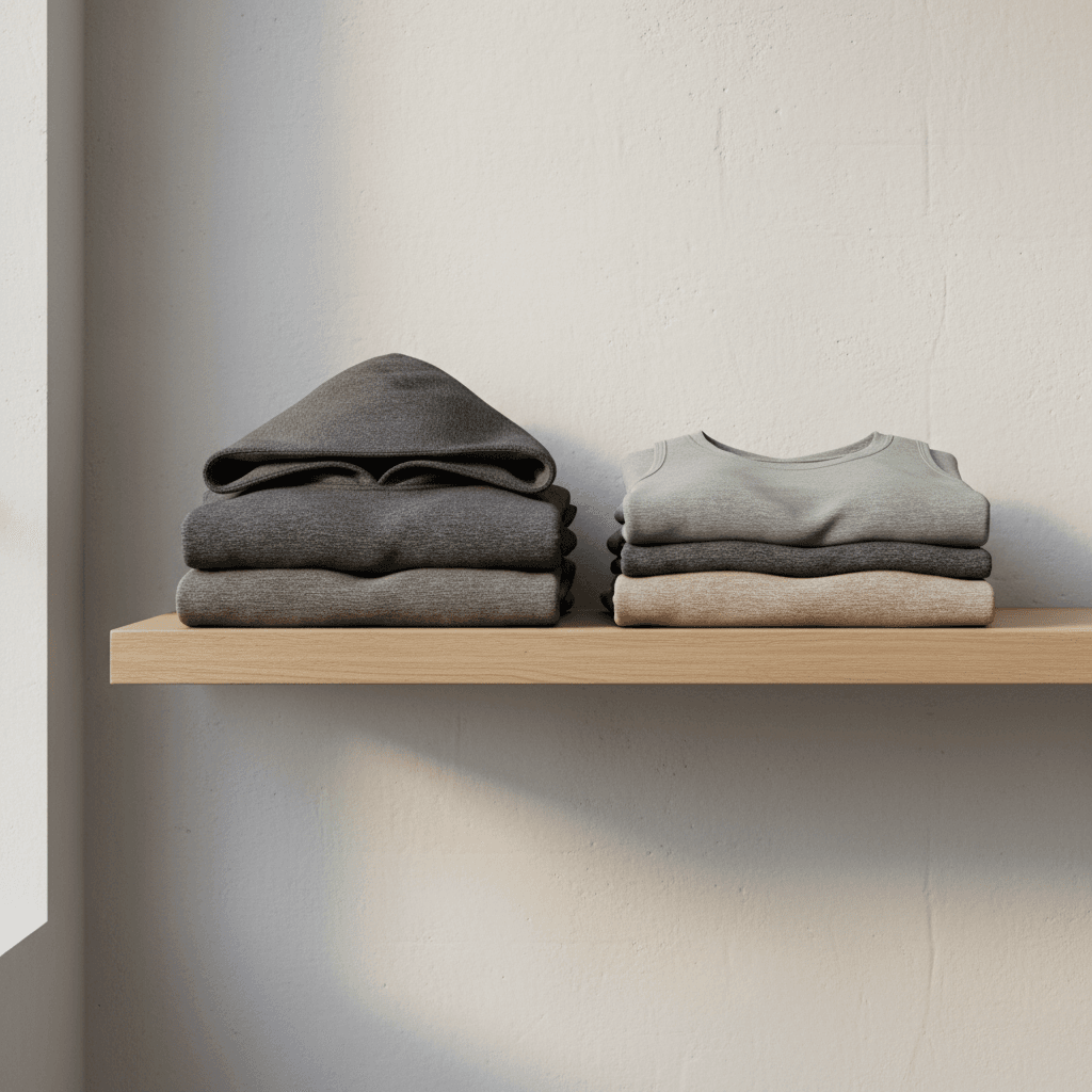Premium athletic apparel on minimalist shelf