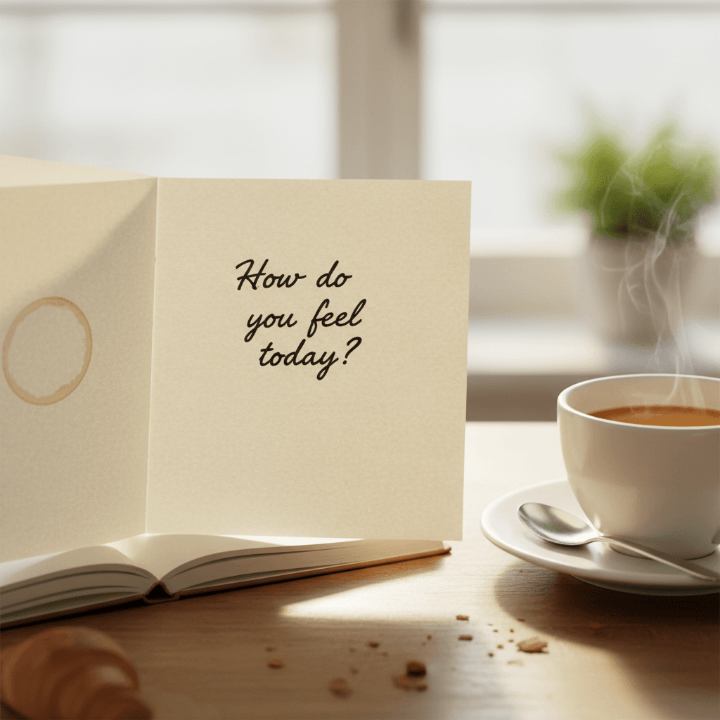 Journal with wellness check-in and morning coffee