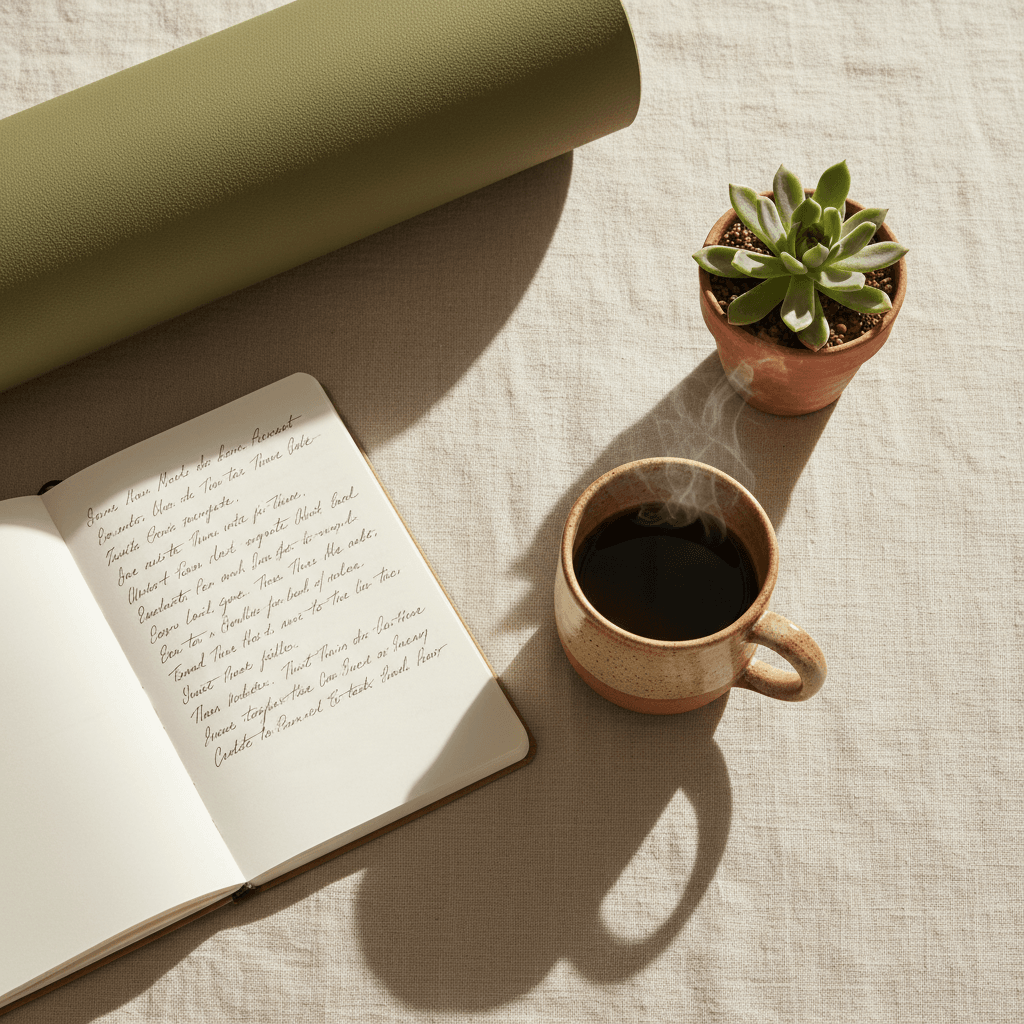 Open journal, coffee and succulent — the quiet mindful ritual before exercise