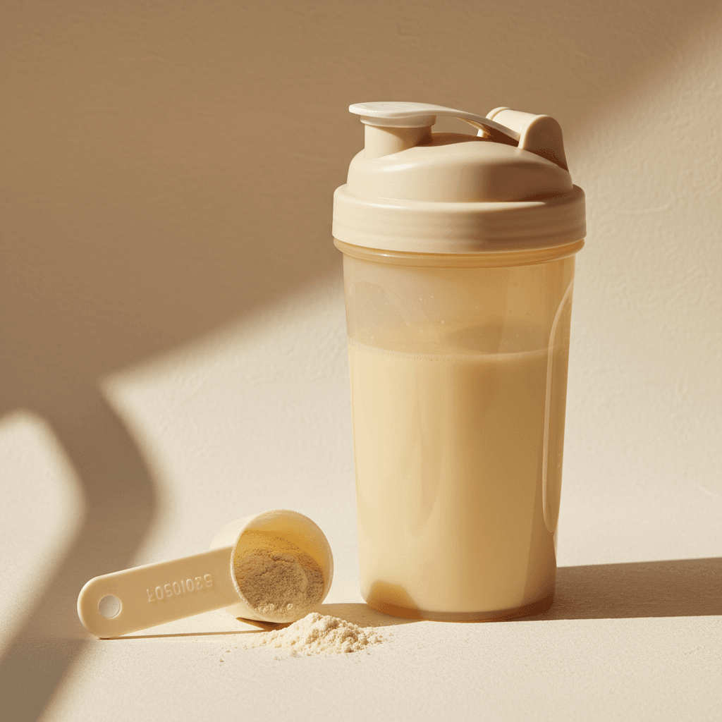Protein shaker bottle and measuring scoop on a clean cream surface with natural light