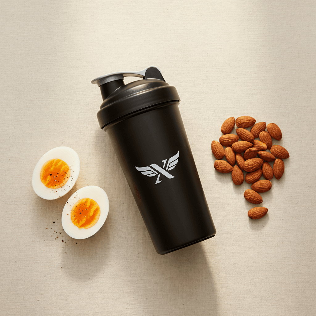 Protein sources: shaker bottle, eggs and almonds