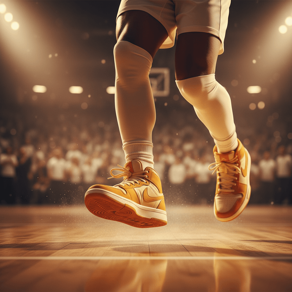 Athlete's legs in motion on a gym floor with dramatic competition arena lighting
