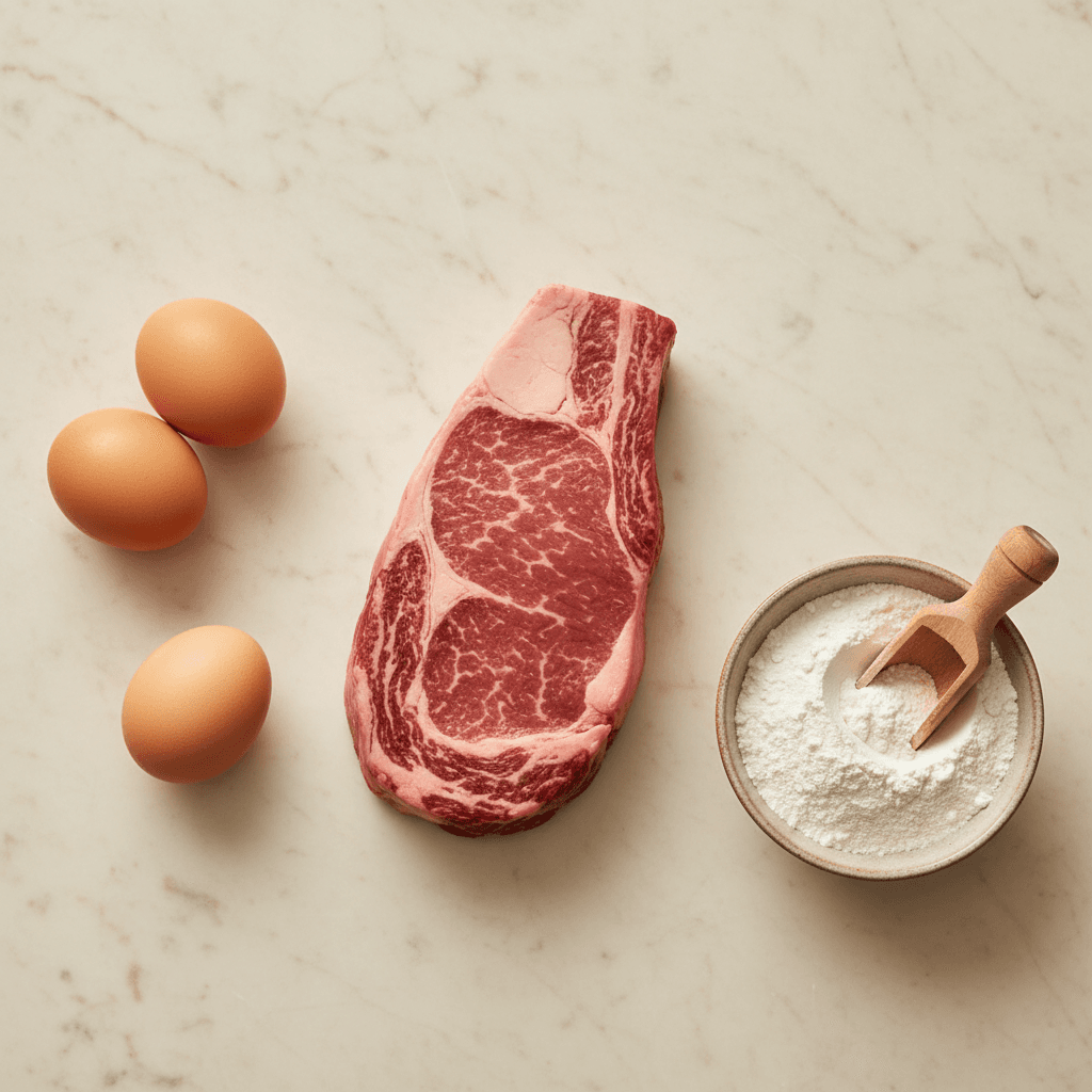 Raw eggs, steak and protein powder arranged on cream marble surface with natural overhead light