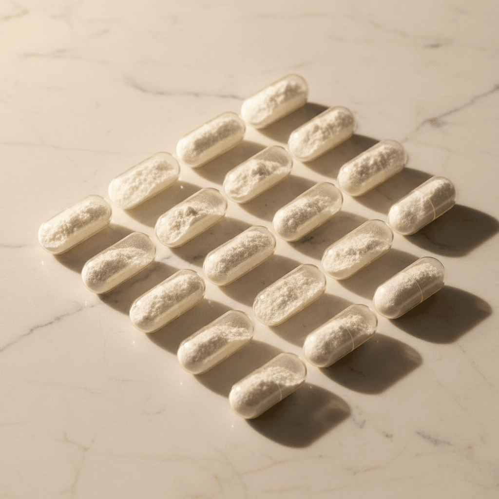 Amino acid supplement capsules on marble surface