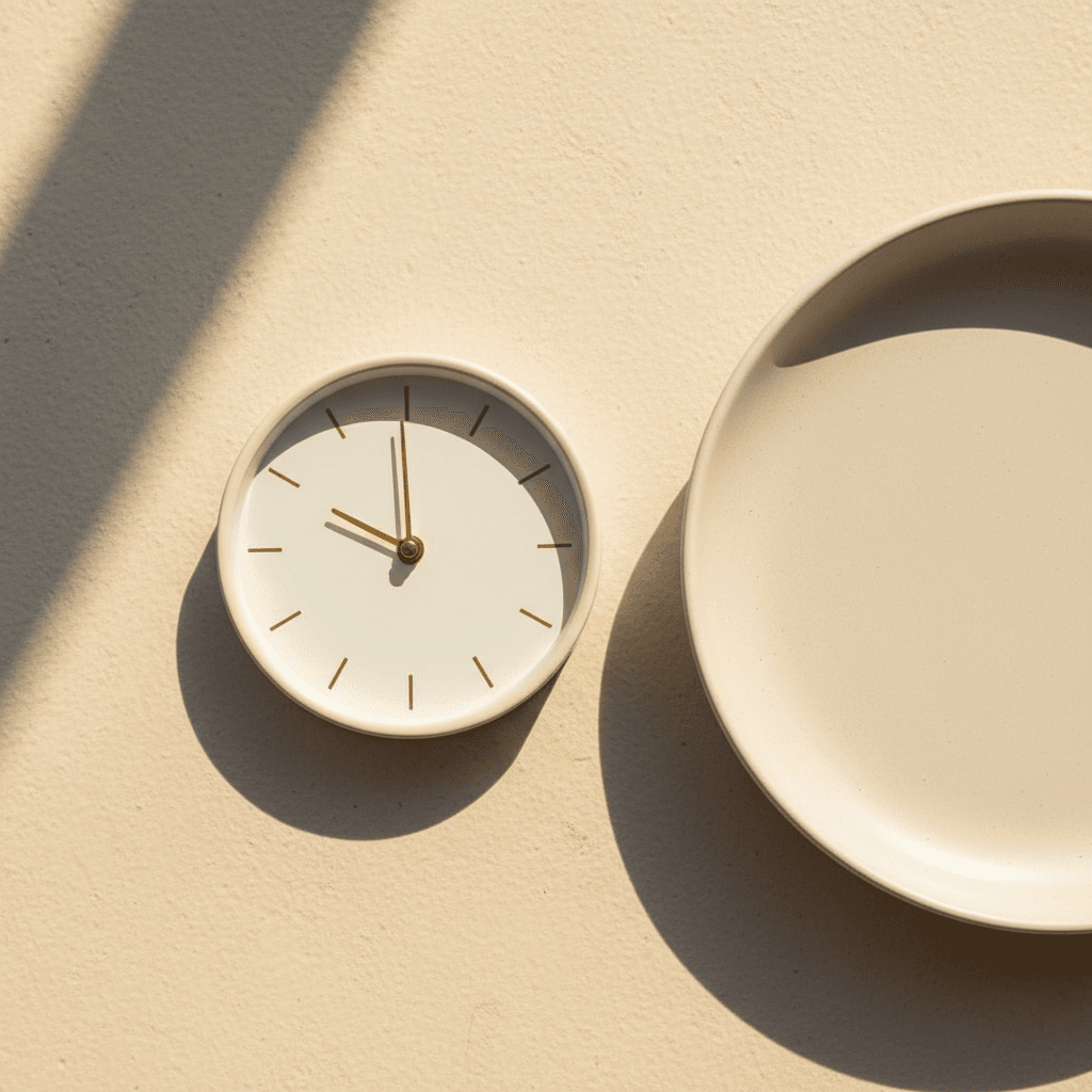 Analog clock next to an empty plate on a warm cream surface with natural light