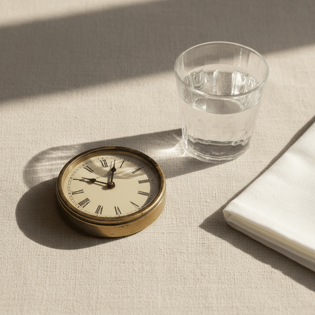 Clock representing fasting window with glass of water