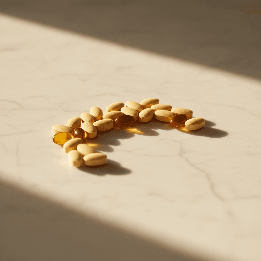 Multivitamin tablets arranged in a gentle arc on cream marble with warm natural light