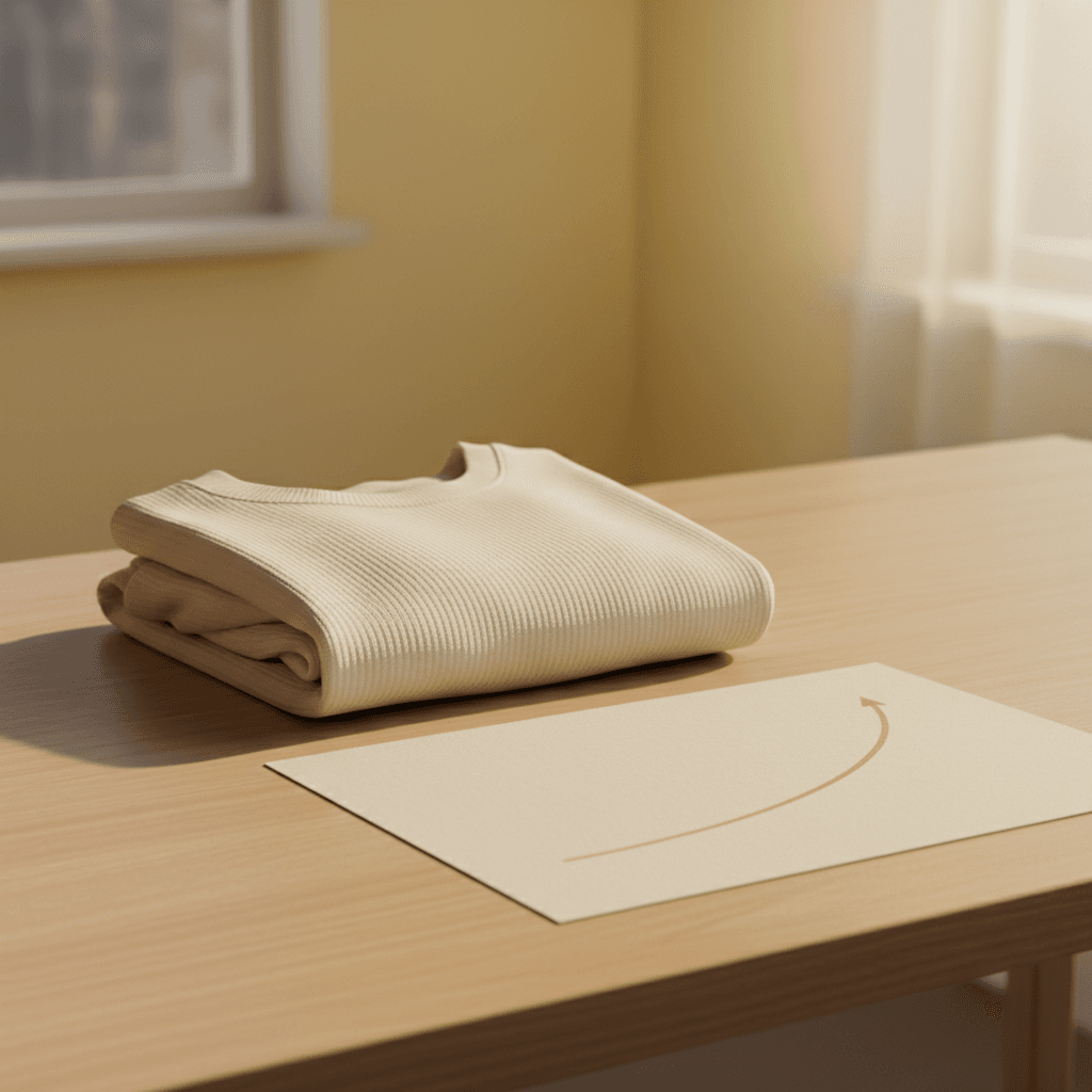 Minimalist activewear folded on a desk with an upward trending line on paper nearby