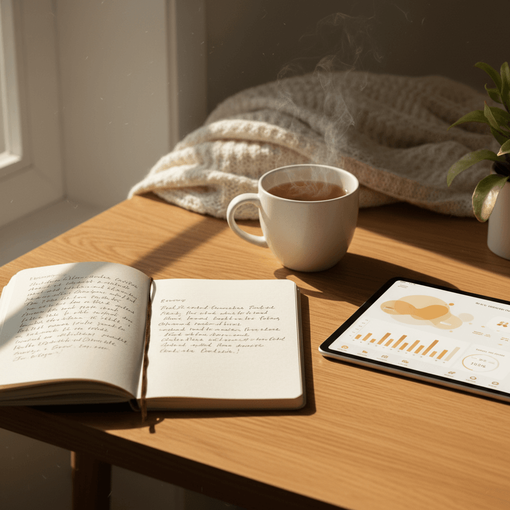 Open notebook with handwritten notes next to a tablet on a warm wooden desk in morning light