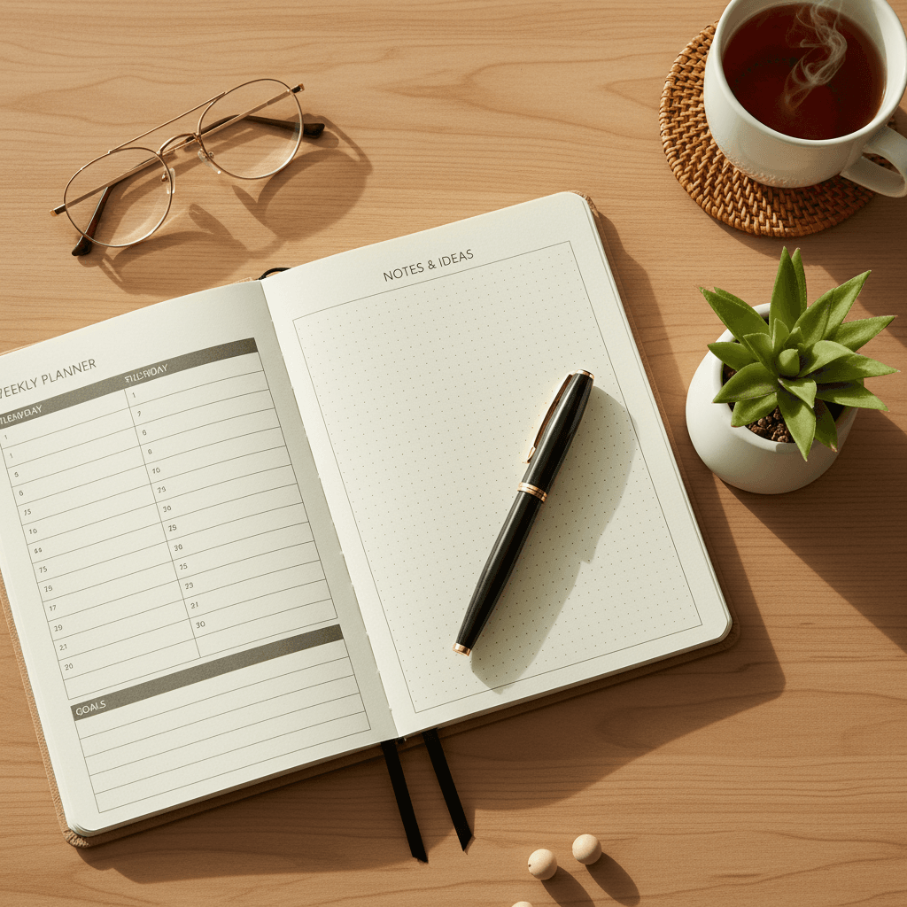 Coaching notebook with weekly planning and pen