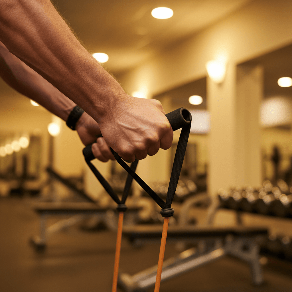 Mature adult hands gripping resistance band handles in a gym with warm lighting