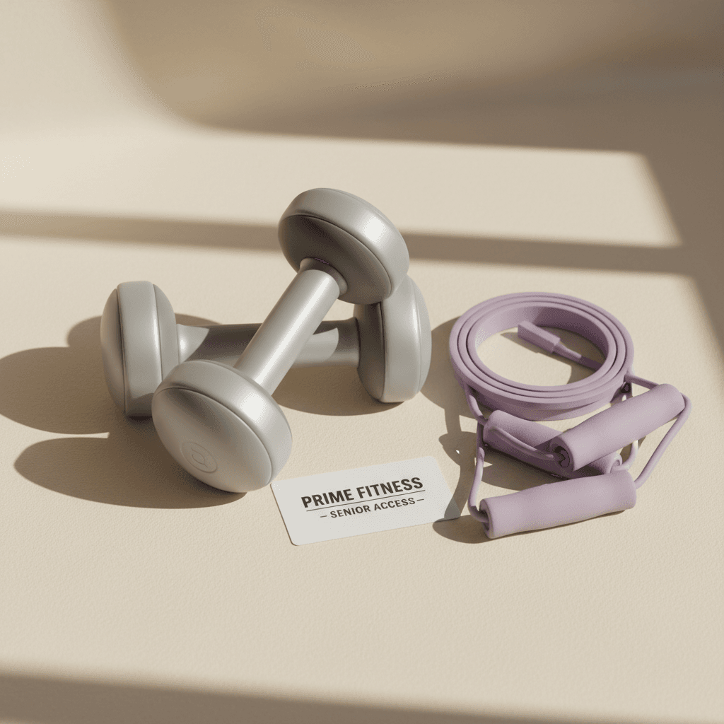 Light dumbbells and resistance band for senior gym programming