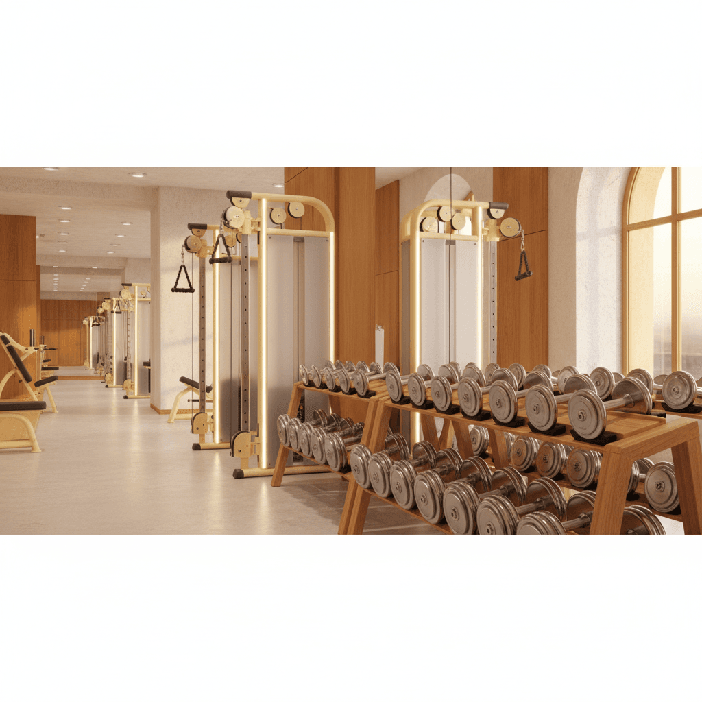 Modern fitness equipment display with shiny dumbbells and cables in warm showroom lighting