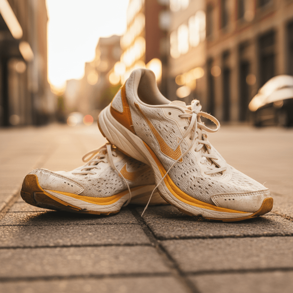 Worn racing flats on urban pavement with soft golden hour light and city texture in background