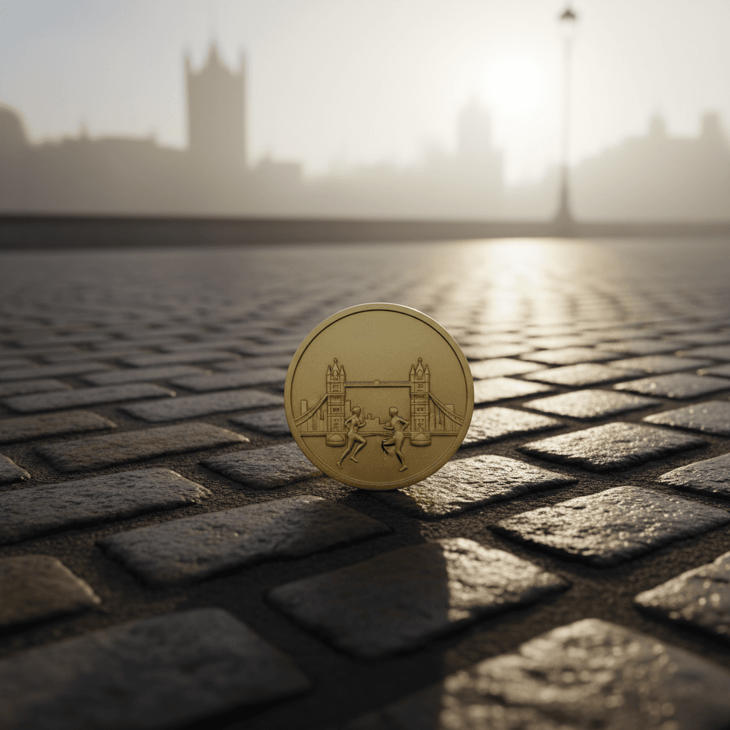 Gold marathon medal on London cobblestones
