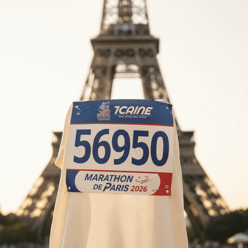 Paris Marathon 2026 race bib with Eiffel Tower in background