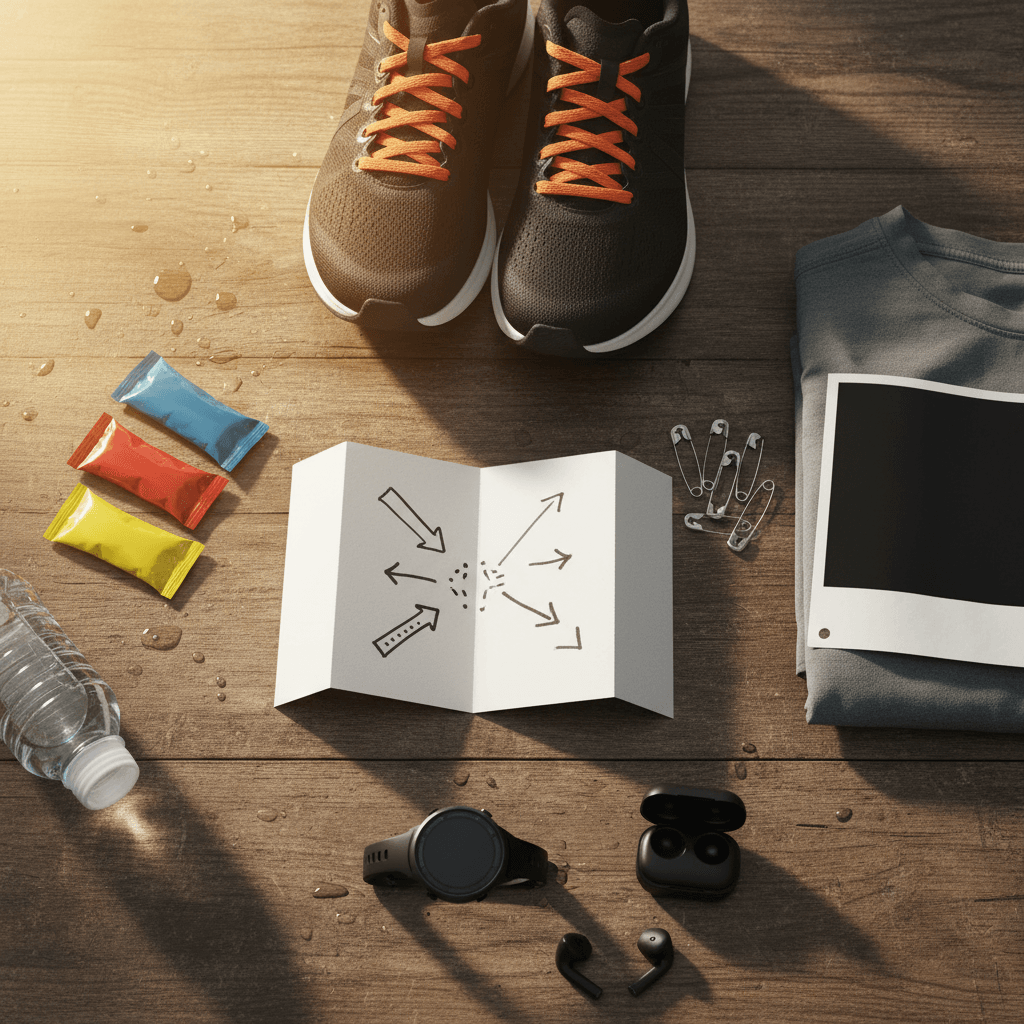 Runner's race day kit with energy gels and race strategy