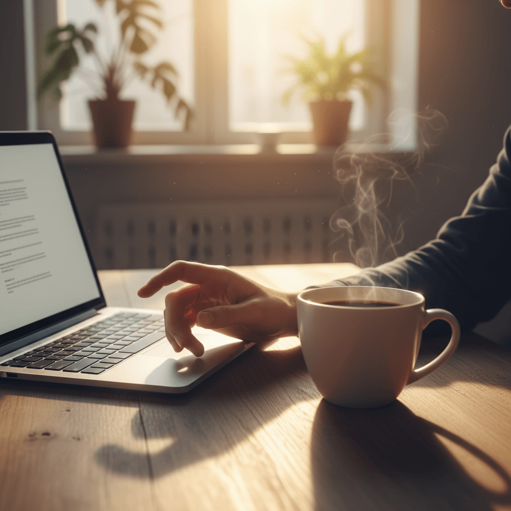 Person's hands resting near an open laptop and coffee cup on a desk with warm office light