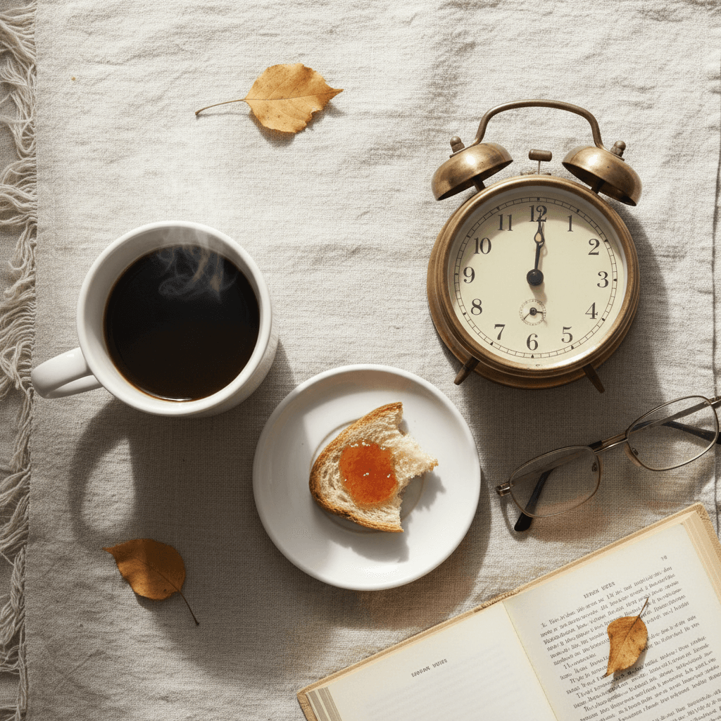 Morning coffee and alarm clock representing daytime fatigue from insomnia