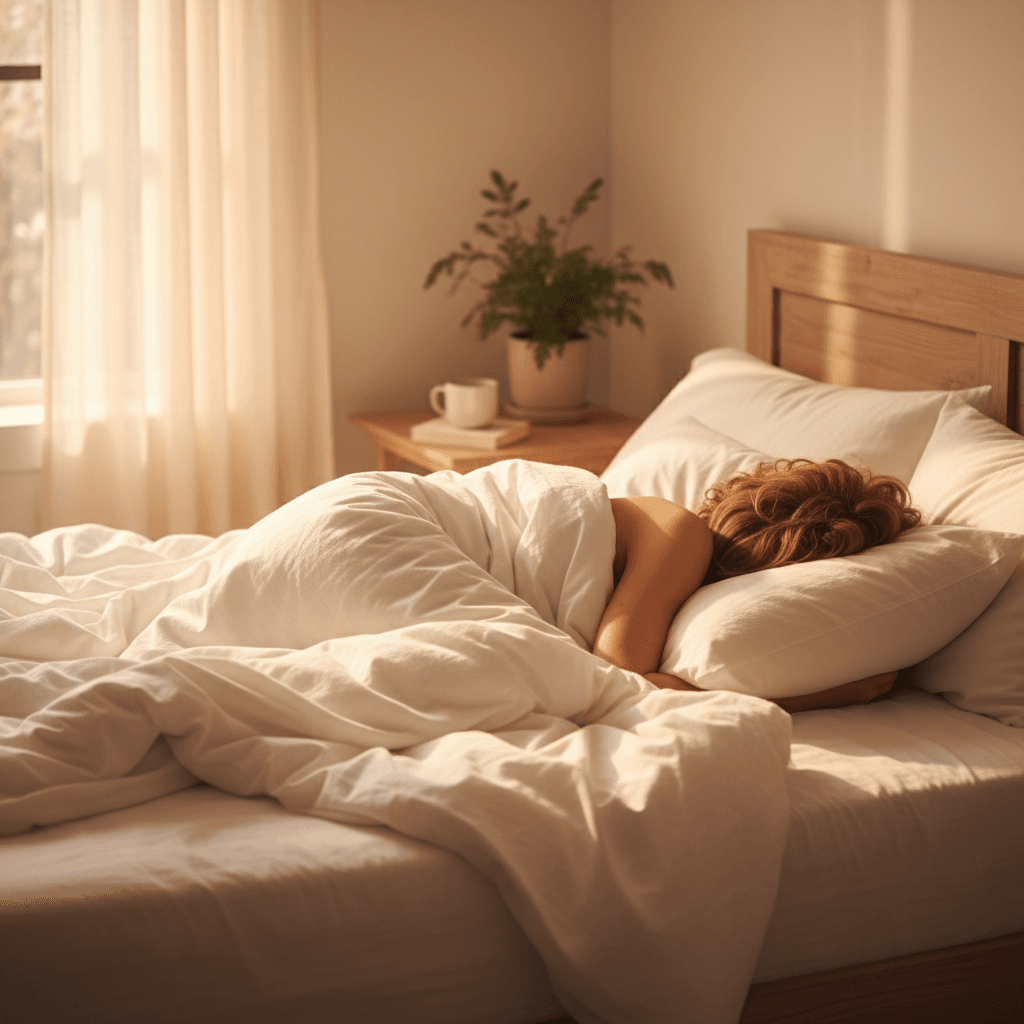 Peaceful sleeping person in warm morning light with face obscured by pillow and soft white linen
