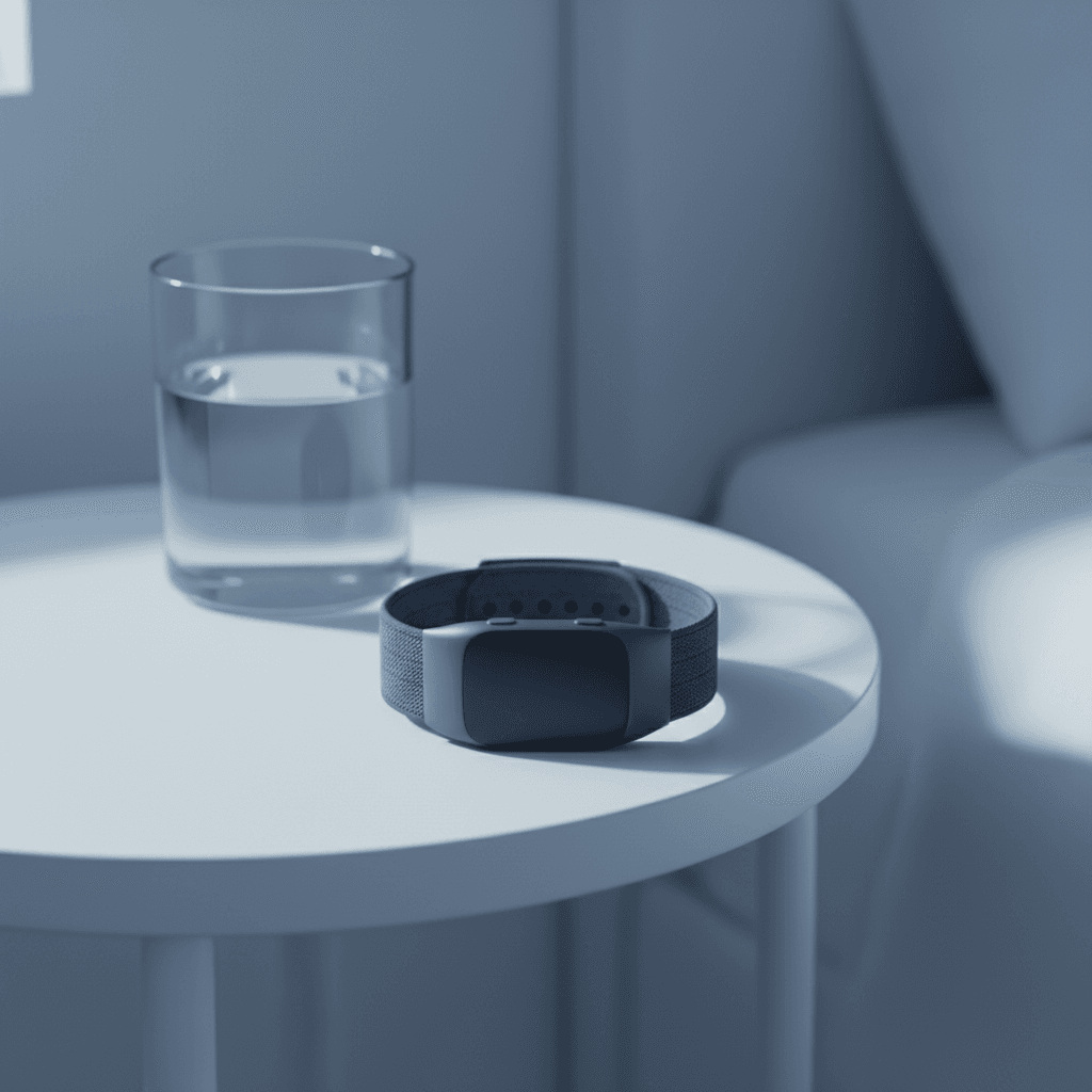 Sleep tracking wristband on bedside table