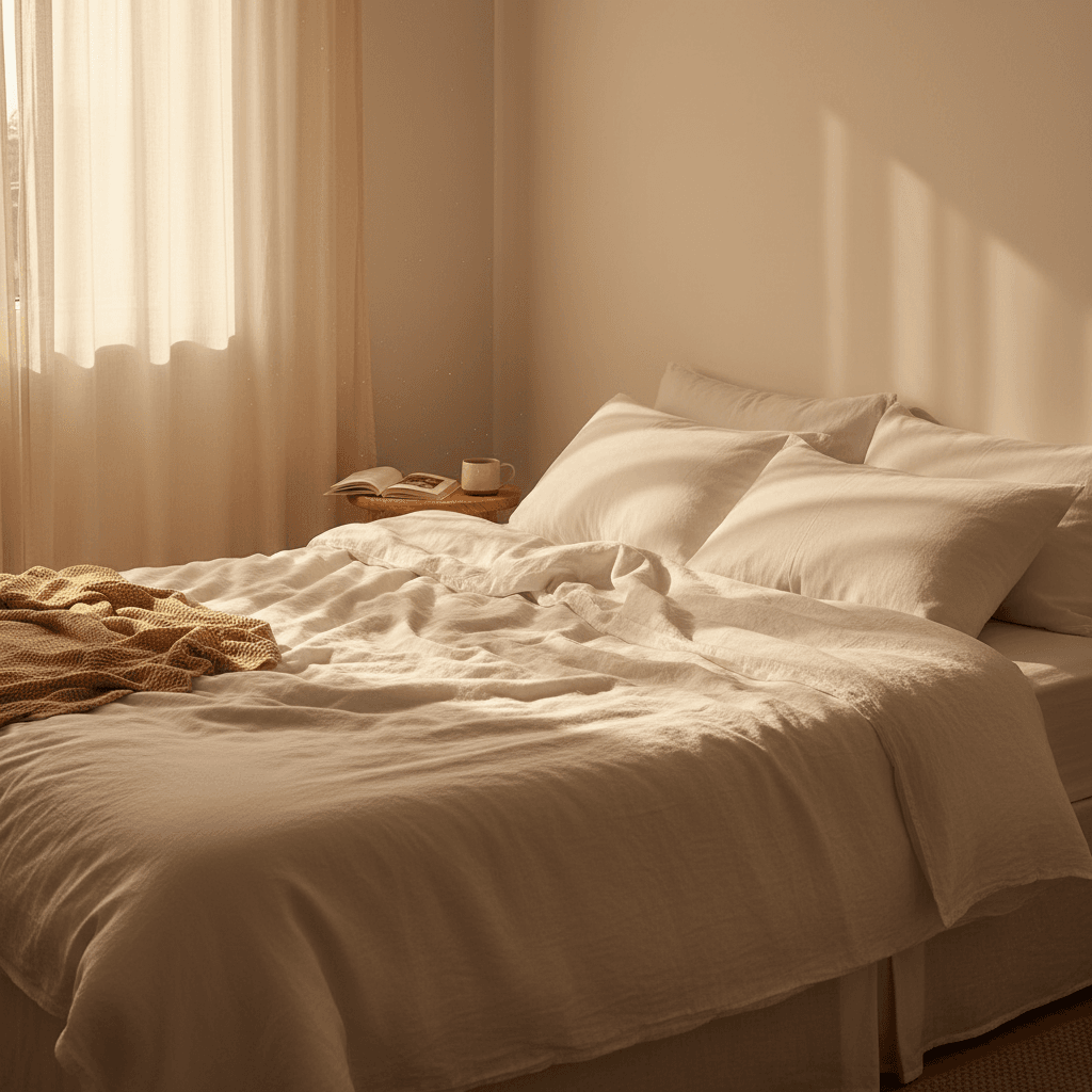 White linen bedding with soft morning sunlight streaming through curtains in warm golden light