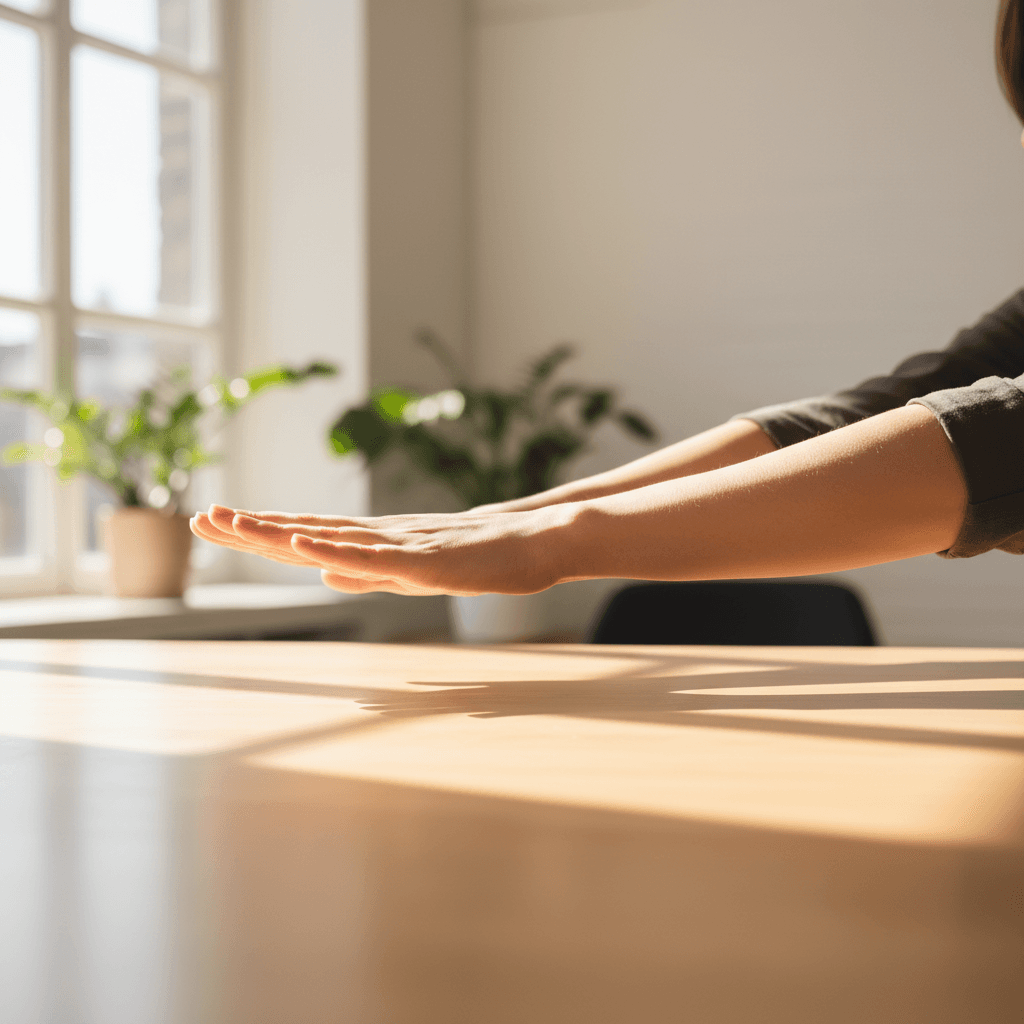 Person's hands in a stretching position on a clean office desk with natural warm professional light
