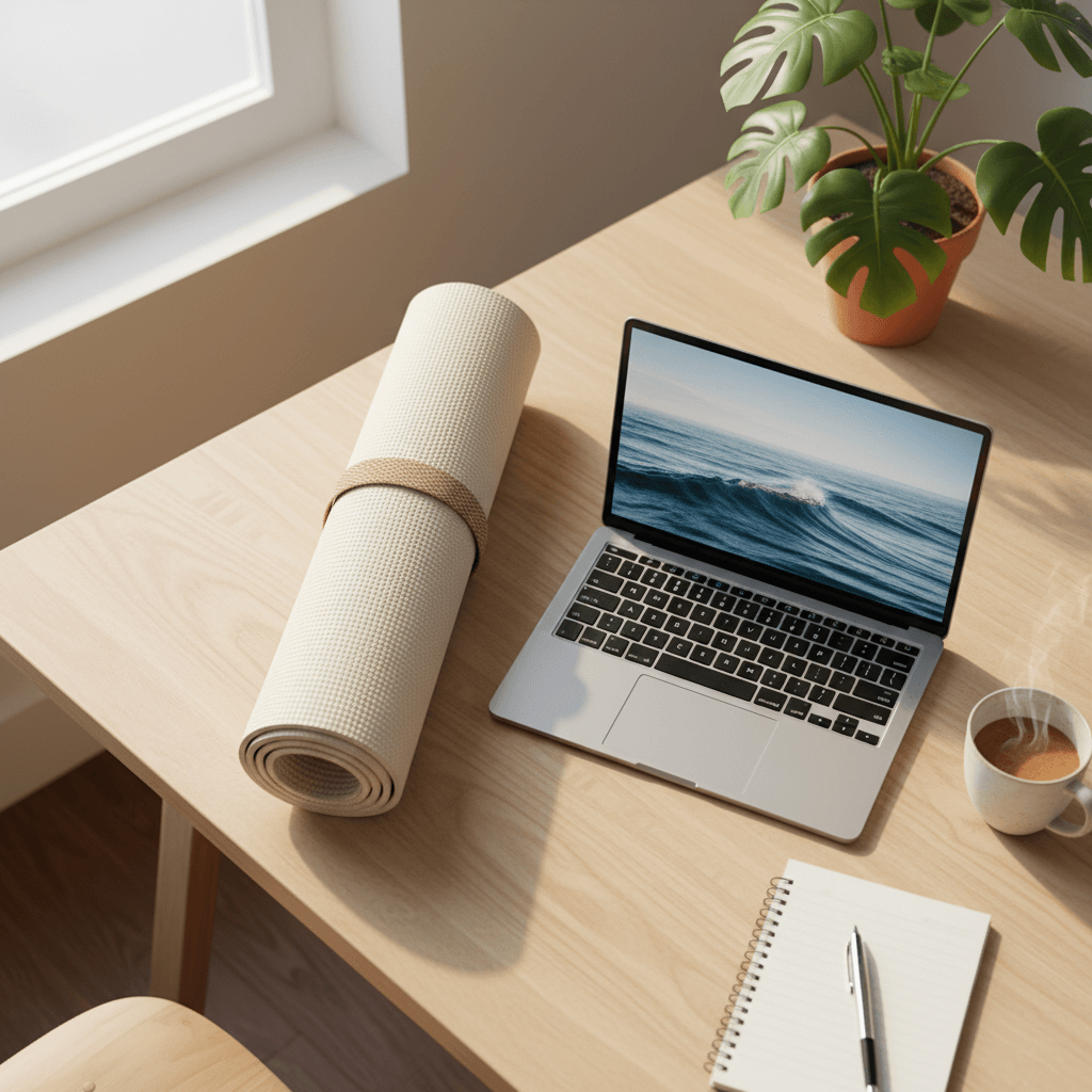 Yoga mat next to laptop representing workplace wellness