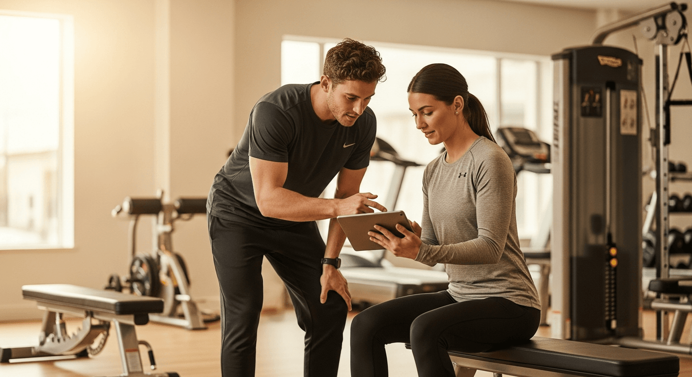 A coach and seated client review a tablet together in a warm, naturally lit gym environment.
