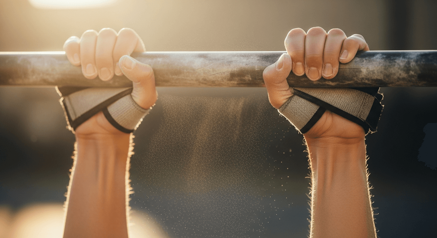 Close-up of a woman's hands gripping a pull-up bar tightly with chalk dust in the air.