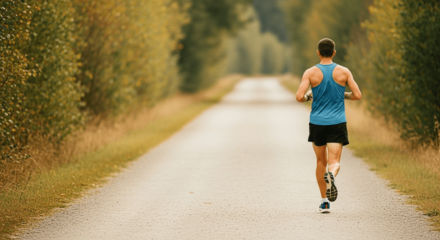 Runner viewed from behind jogging at steady aerobic pace on a calm trail in warm golden light.